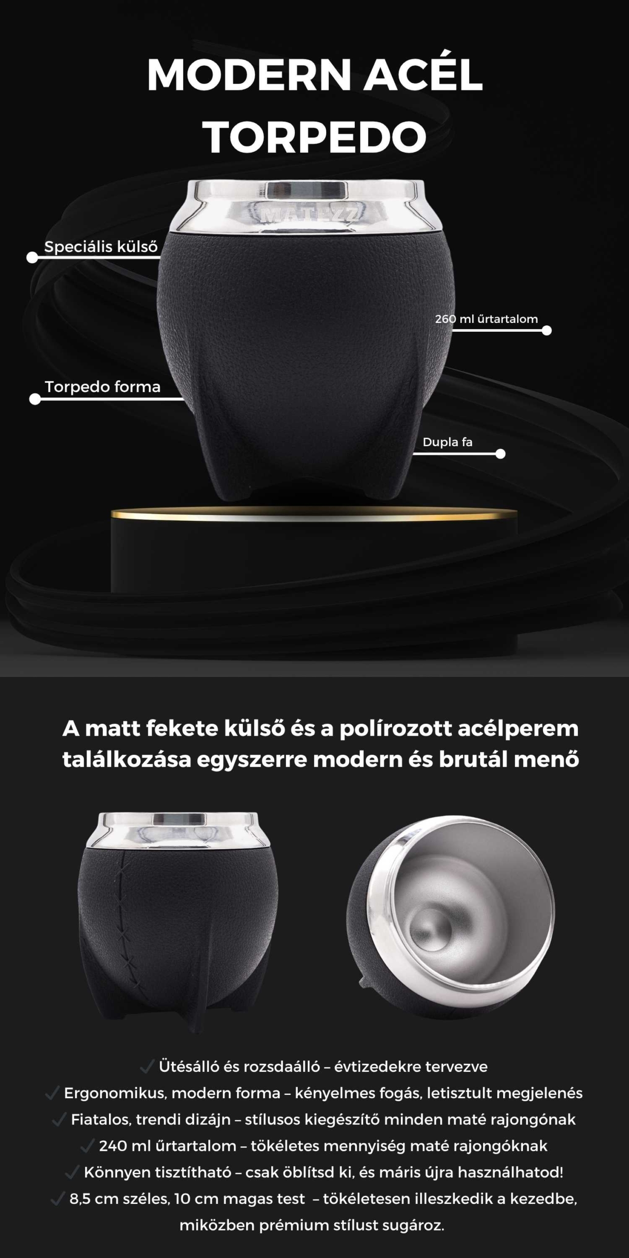 Modern Acél Torpedo Maté Tök – Fekete