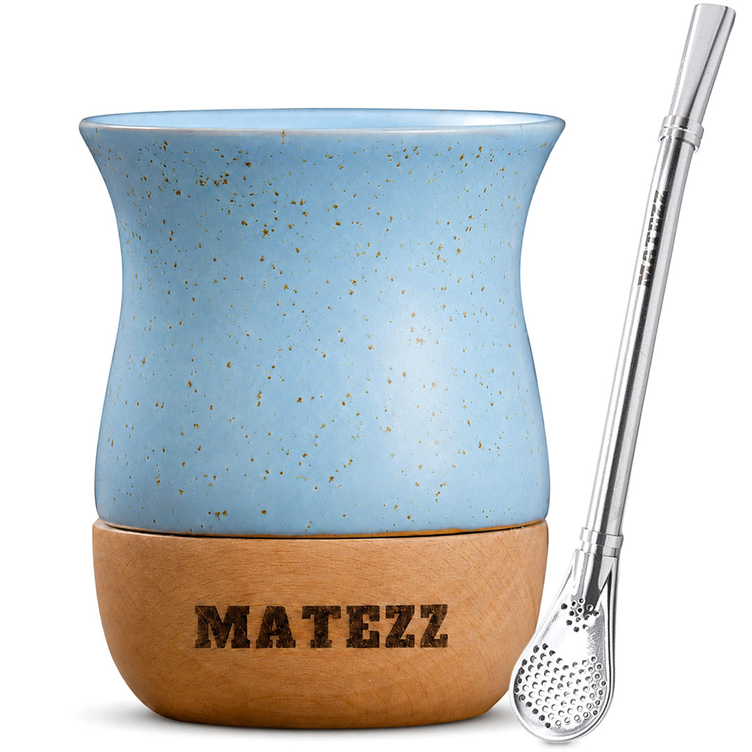 Matézz szett - Kerámia Maté Tök Fa Talppal és Bombillával – Gejzírkék (260 ml)
