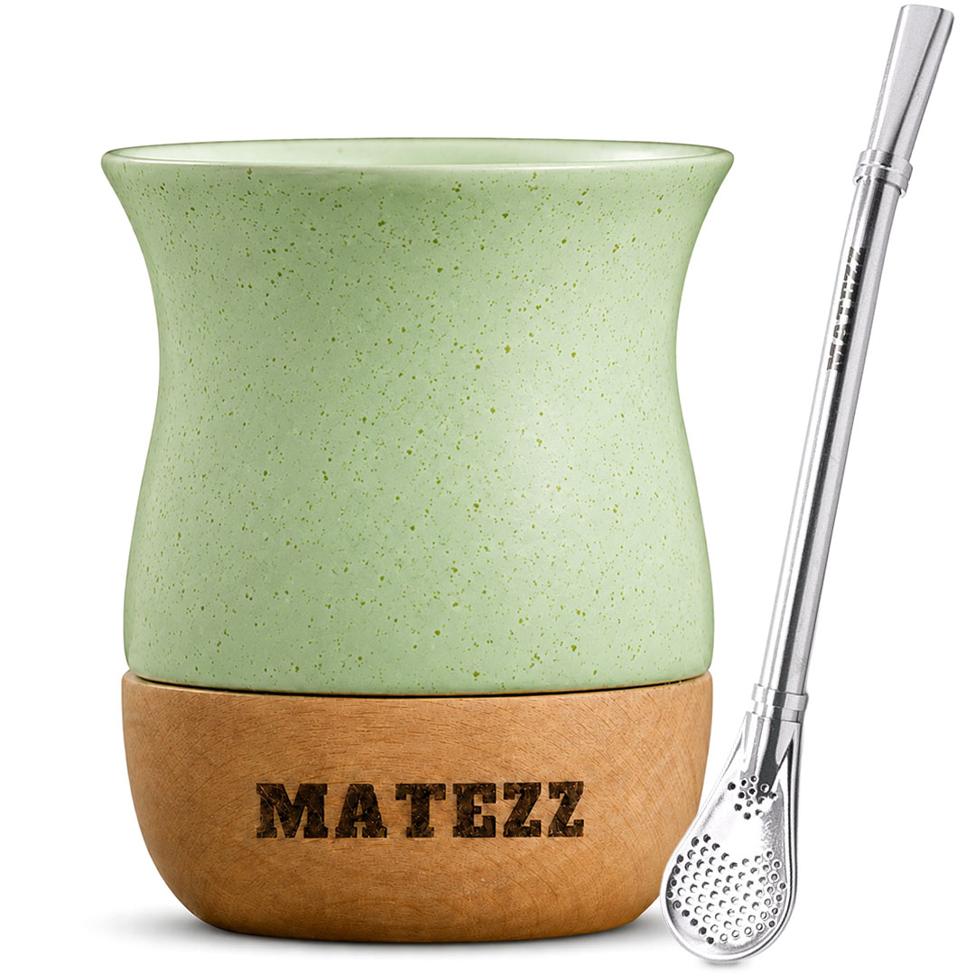 Matézz szett - Kerámia Maté Tök Fa Talppal és Bombillával – Zsályazöld (260 ml)